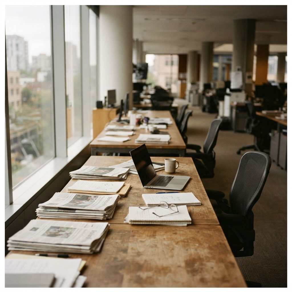A quiet editorial workspace with printed newspapers, notebooks, and reading glasses in natural window light.