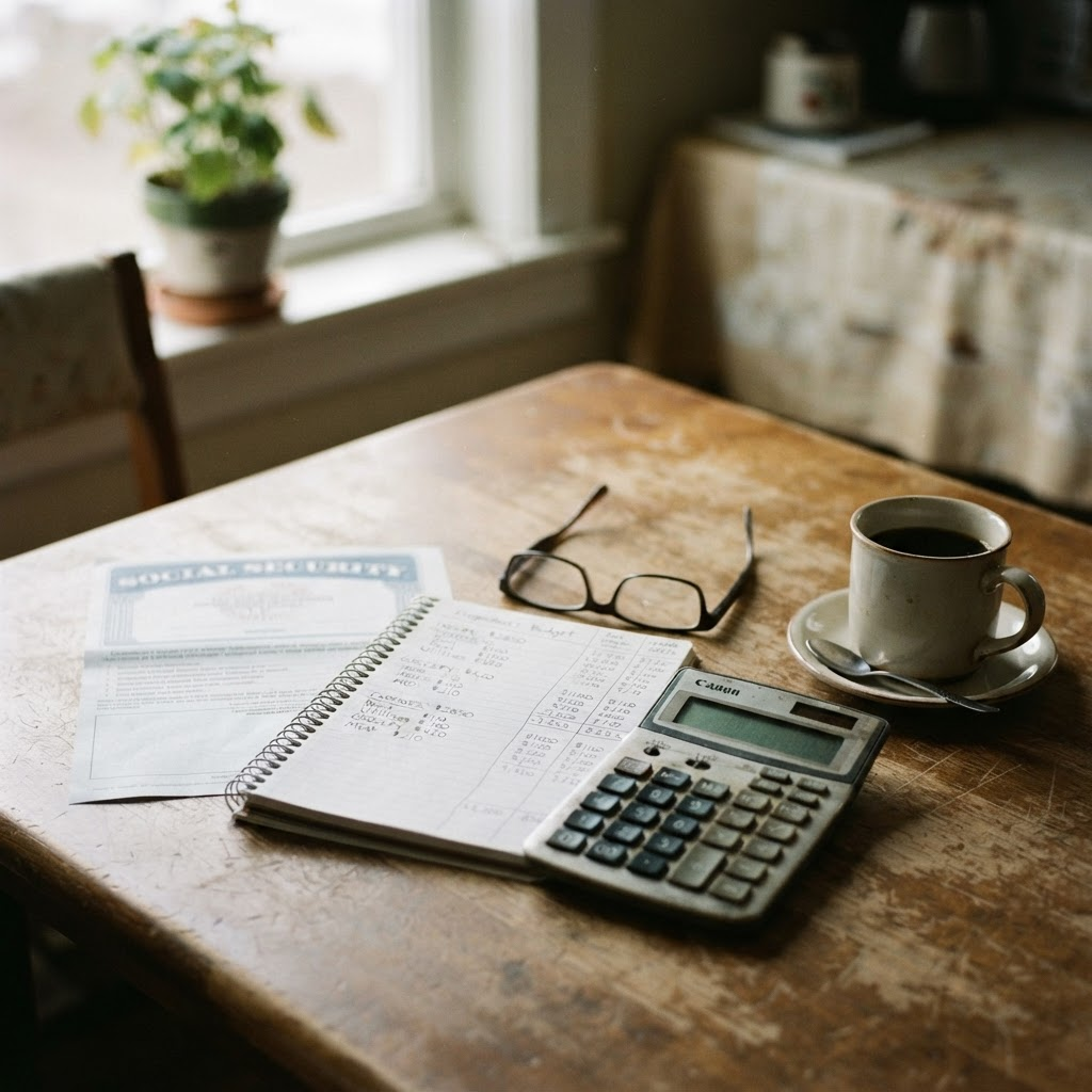 A benefits statement and household budget notebook on a kitchen table in morning light.
