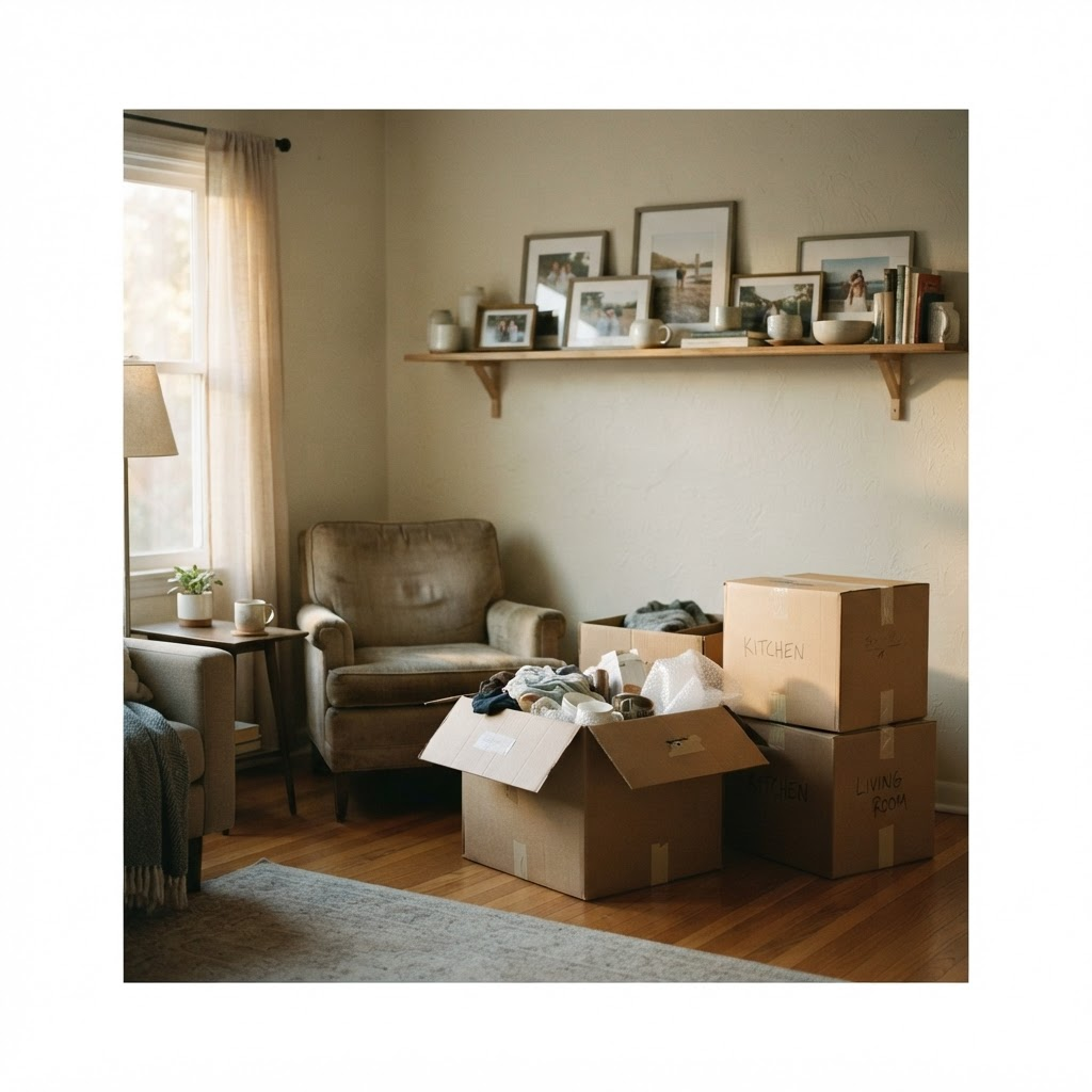 A bright, tidy smaller home interior with framed photographs and a few packed boxes.