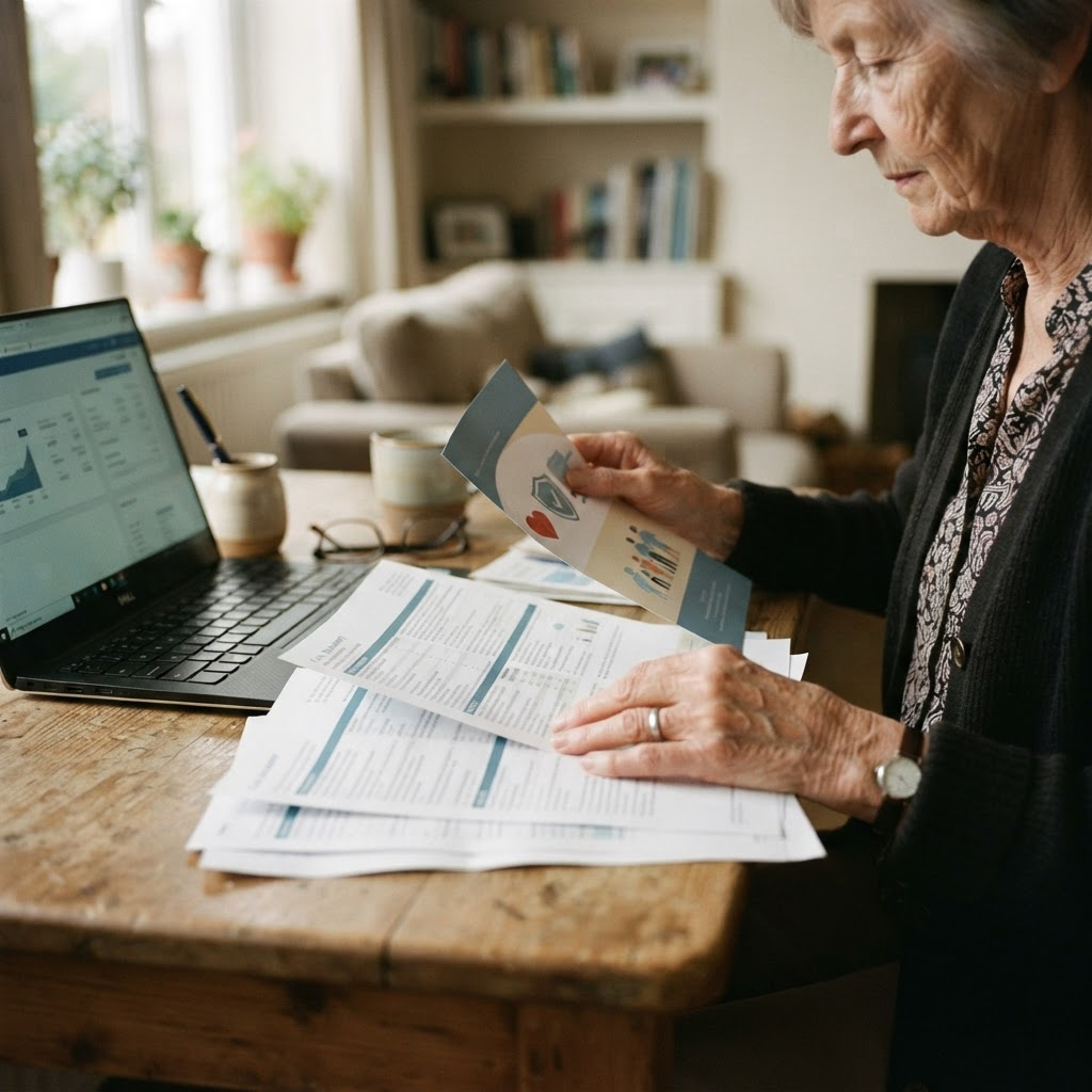 Hands reviewing health insurance paperwork and a plan brochure beside a laptop.
