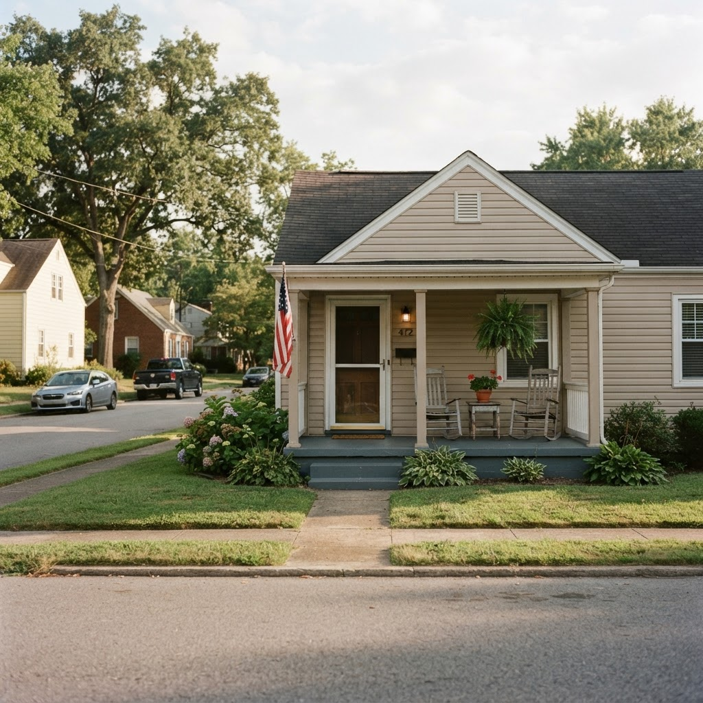The front porch of a modest older suburban home in warm afternoon light.