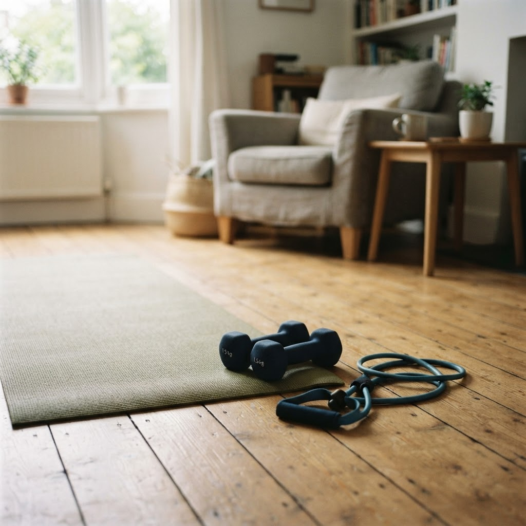 Light dumbbells and a resistance band beside a yoga mat in a bright home room.