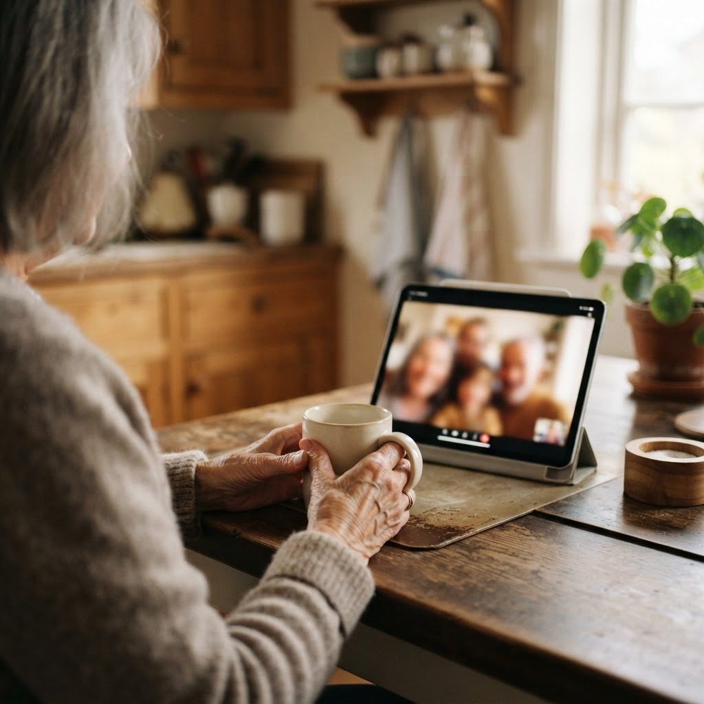 A tablet on a kitchen counter showing a blurred family video call, a mug held nearby.